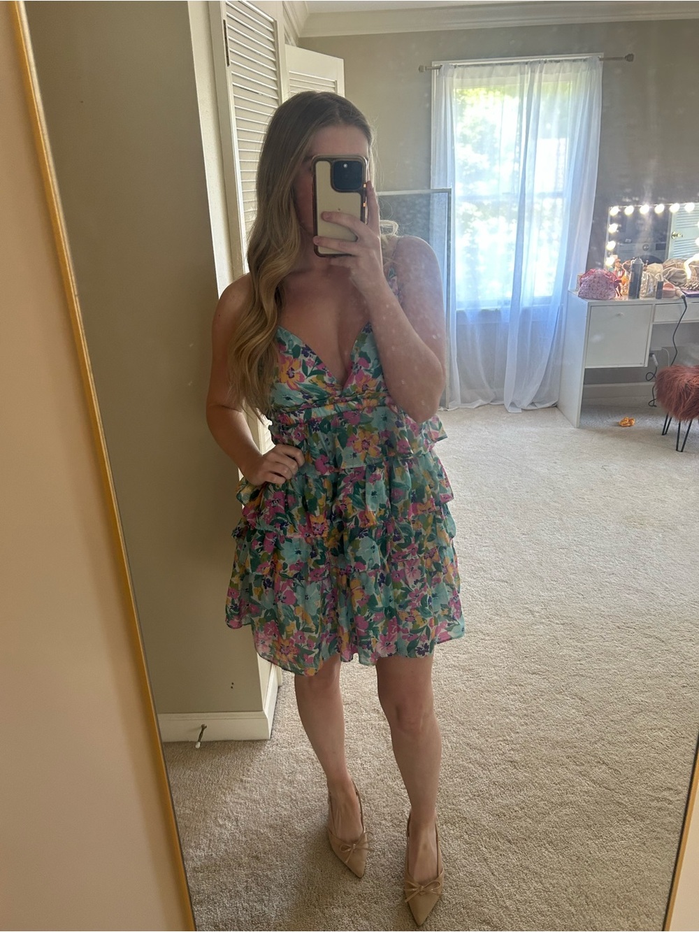 Storia Floral Ruffle Mini Dress in Aqua Multi
